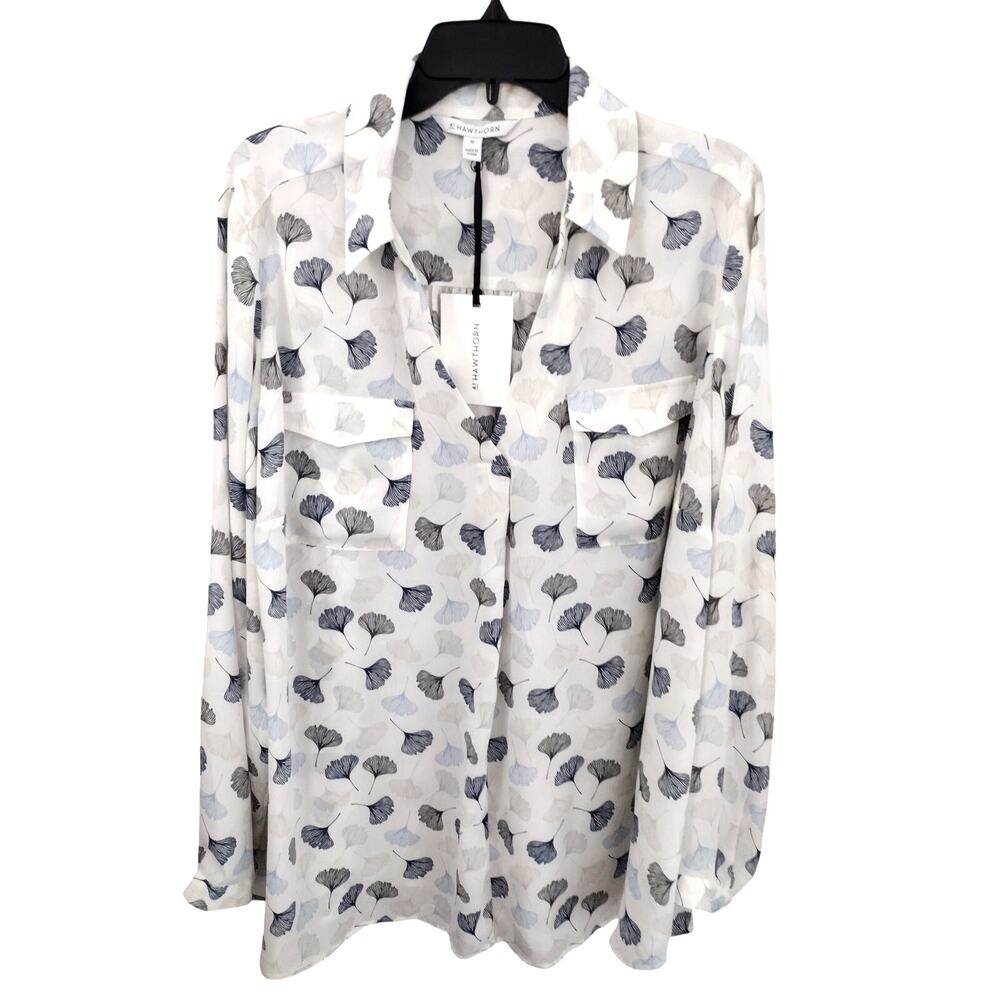 41 Hawnthorn NEW White Gingko Leaves Chiffon Long Sleeve Button-Up Blouse 3X